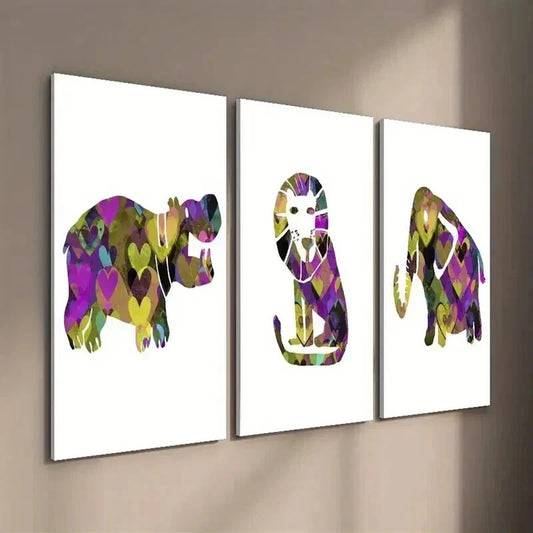 3pcs Abstract Hippo Lion Zebra Elephant Wall Art Set Canvas Framed 40x60cm - High Quality Print 100% Australian Made Wall Canvas Ready to Hang