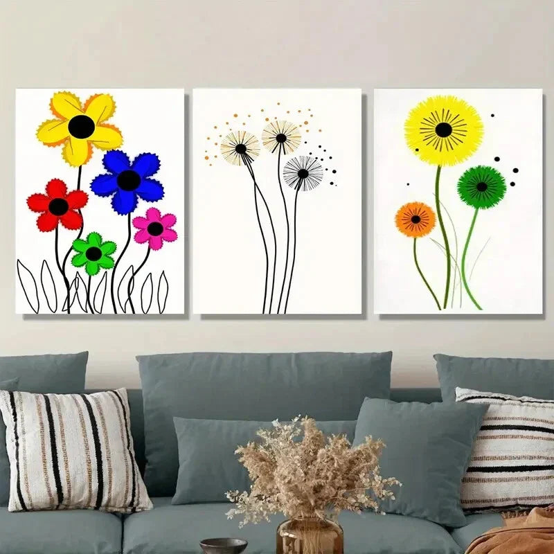 3pcs Colorful Flowers with Black Accents Metal Print Ready to Hang Art