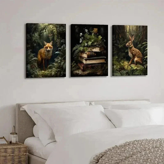 3pcs Fox Rabbit Books Rustic Farmhouse Wall Art Set Canvas Framed 40x60cm - High Quality Print 100% Australian Made Wall Canvas Ready to Hang