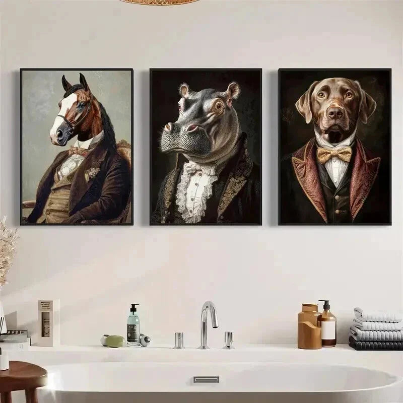 3pcs Whimsical Animals in Vintage Attire Wall Art Set Canvas Framed 40x60cm - High Quality Print 100% Australian Made Wall Canvas Ready to Hang