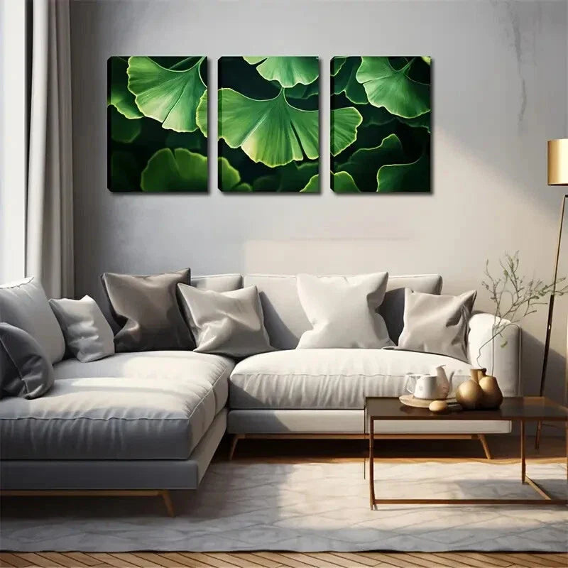 3pcs Green Ginkgo Leaf Wall Art Set Canvas Framed 40x60cm - High Quality Print 100% Australian Made Wall Canvas Ready to Hang