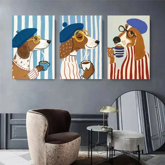 3pcs Cartoon Beagle with Blue Beret & Glasses Metal Print Ready to Hang Art