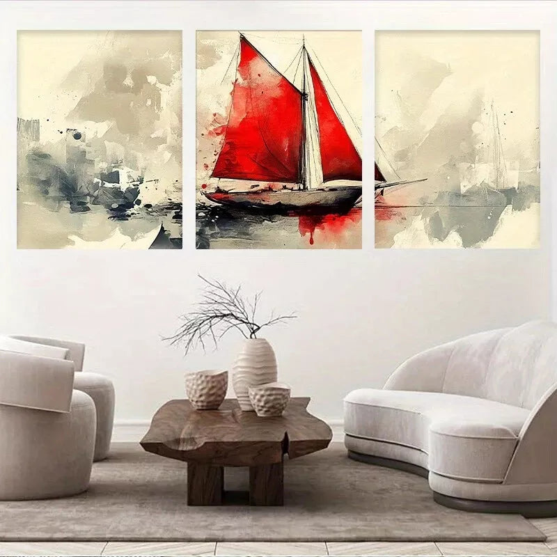 3pcs Modern Vertical Abstract Sailing Ship  Wall Art Set Canvas Framed 40x60cm - High Quality Print 100% Australian Made Wall Canvas Ready to Hang