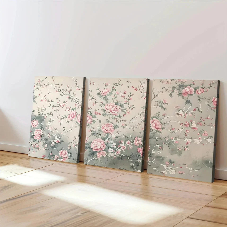 3pcs Sage Green Chinoiserie Art Rose Florals Wall Art Set Canvas Framed 40x60cm - High Quality Print 100% Australian Made Wall Canvas Ready to Hang