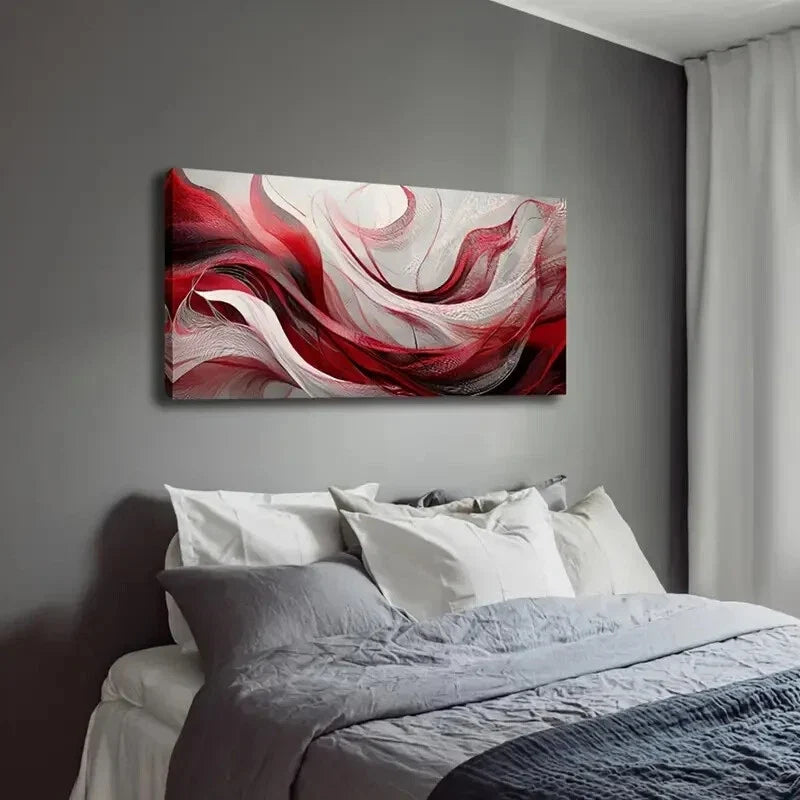 Red And White Swirls Abstract Wall Art Canvas Office Home Room Framed 80x45cm