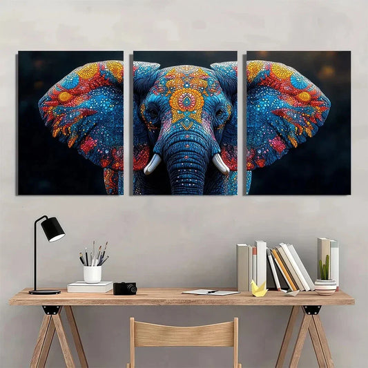 3pcs Indian Elephant Vibrant Colourful Metal Print Ready to Hang Art