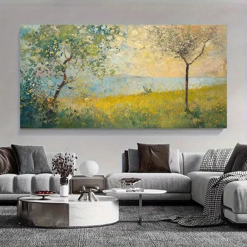 Yellow Flowers & Trees Mod Red Wall Art Canvas Office Home Room Framed 120x60cm