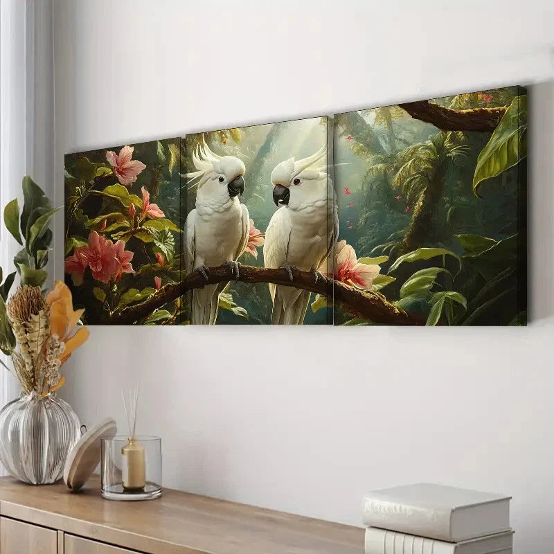 3pcs White Cockatoos on Branches Nature Perfect Wall Art Set Canvas Framed 40x60cm - High Quality Print 100% Australian Made Wall Canvas Ready to Hang