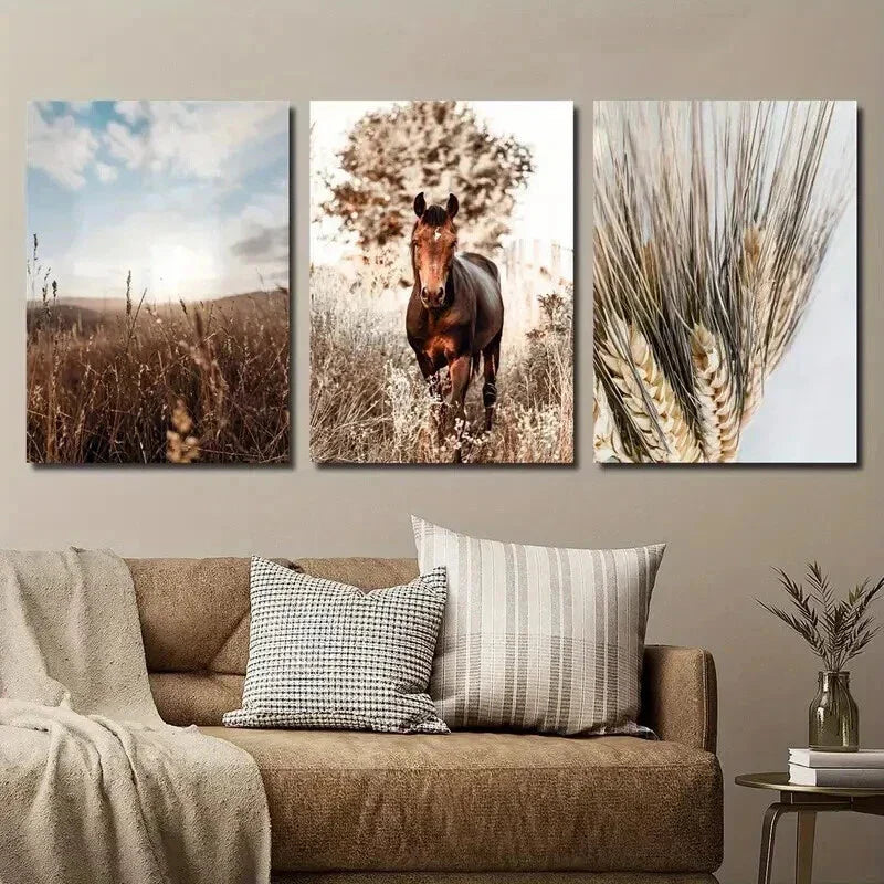 3pcs Brown Horse Western Bohemian Decor Wall Art Set Canvas Framed 40x60cm - High Quality Print 100% Australian Made Wall Canvas Ready to Hang