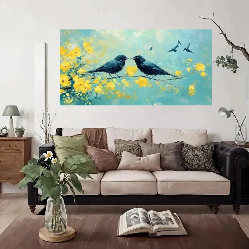 Blackbirds & Spring Blossoms Wall Art Canvas Office Home Room Framed 120x60cm
