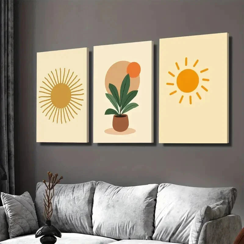 3pcs Vibrant Sun & Plant Framed Sunny Botanical Wall Art Set Canvas Framed 40x60cm - High Quality Print 100% Australian Made Wall Canvas Ready to Hang