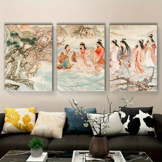 3pcs Traditional Chinese Vibrant Historical Scene Metal Print Ready to Hang Art