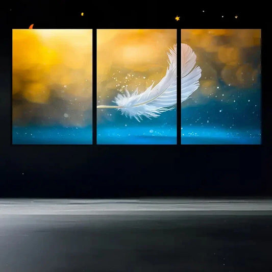 3pcs Modern Feather Golden Blue White Wing Metal Print Ready to Hang Art