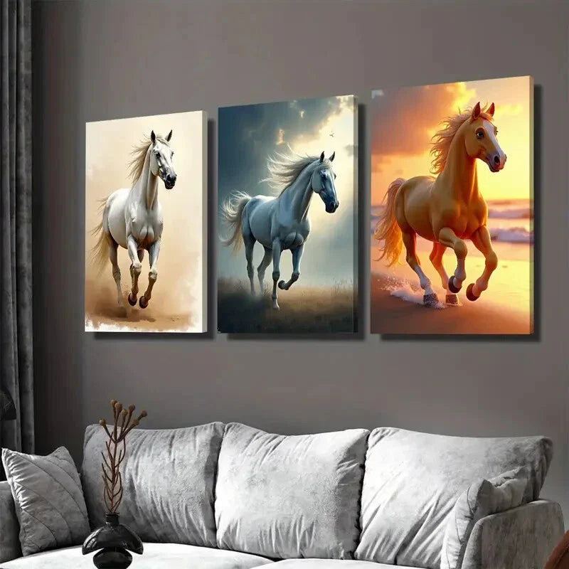 3pcs Horses Modern Pictures Blue Running Wall Art Set Canvas Framed 40x60cm - High Quality Print 100% Australian Made Wall Canvas Ready to Hang
