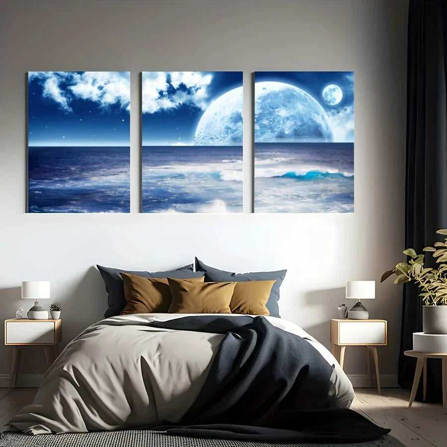 3pcs Peaceful Ocean And Moonlight Sky Metal Print Ready to Hang Art