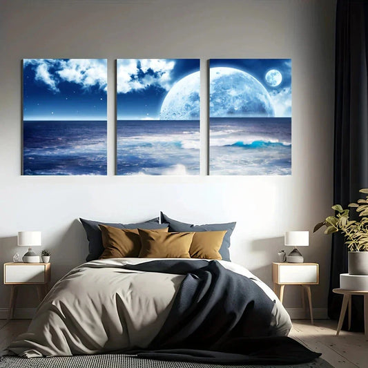 3pcs Peaceful Ocean And Moonlight Sky Metal Print Ready to Hang Art