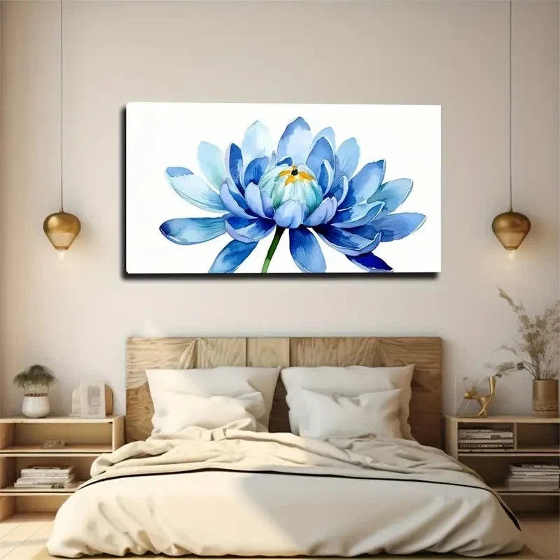 Elegant Light Blue Floral Wall Art Canvas Office Home Room Framed 80x45cm