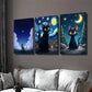 3pcs Starry Night Cat Triptych Vibrant Black Cat Wall Art Set Canvas Framed 40x60cm - High Quality Print 100% Australian Made Wall Canvas Ready to Hang