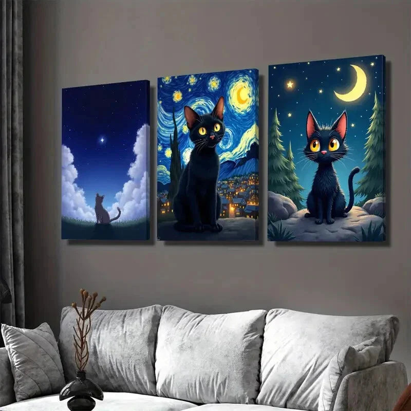 3pcs Starry Night Cat Triptych Vibrant Black Cat Wall Art Set Canvas Framed 40x60cm - High Quality Print 100% Australian Made Wall Canvas Ready to Hang