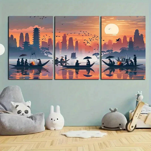 3pcs Fishing Boats Sea Flying Birds Metal Print Ready to Hang Art