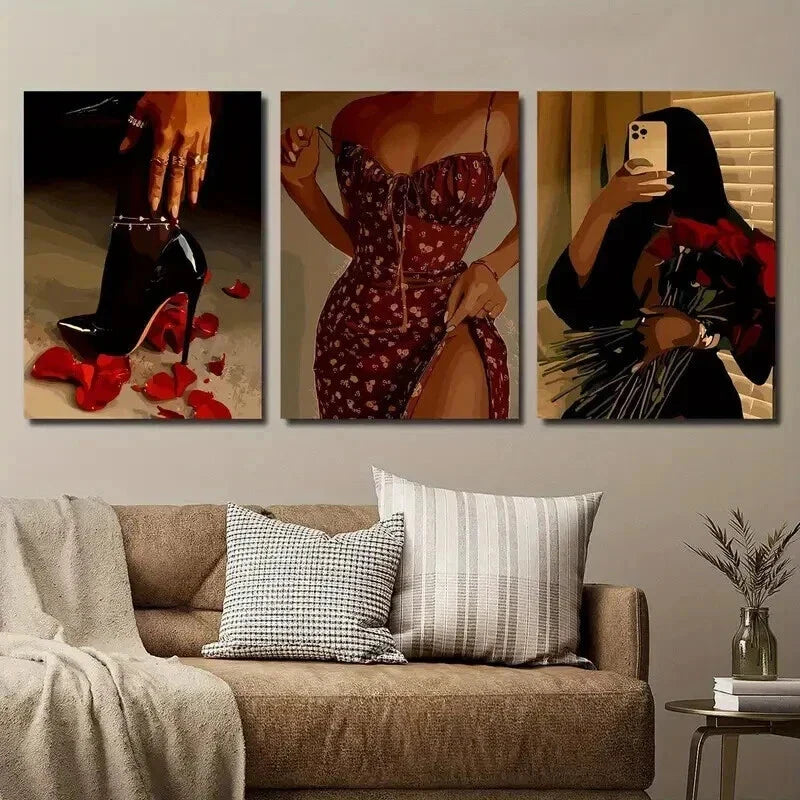 3pcs Black Woman in Floral Dress Wall Art Set Canvas Framed 40x60cm - High Quality Print 100% Australian Made Wall Canvas Ready to Hang