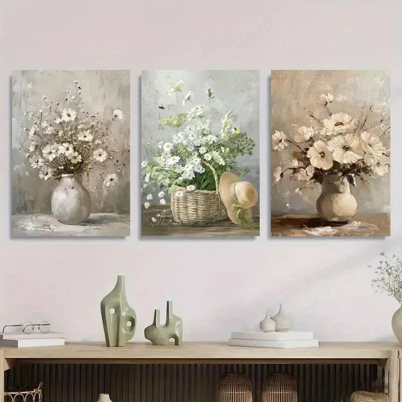 3pcs Elegant Flower Vase Vintage Metal Print Ready to Hang Art