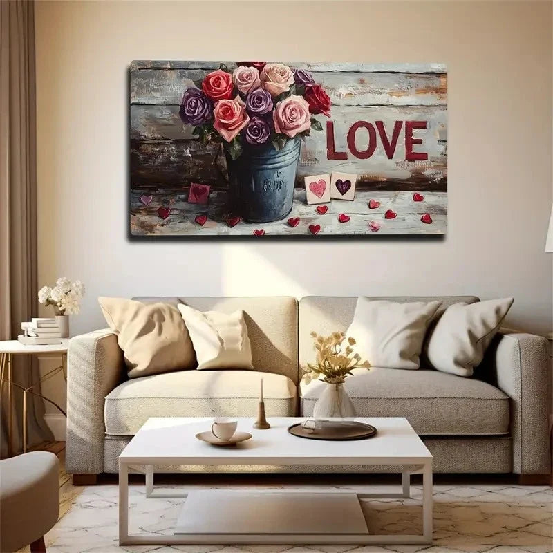 Vibrant Rose Bouquet Bucket Wall Art Canvas Office Home Room Framed 120x60cm