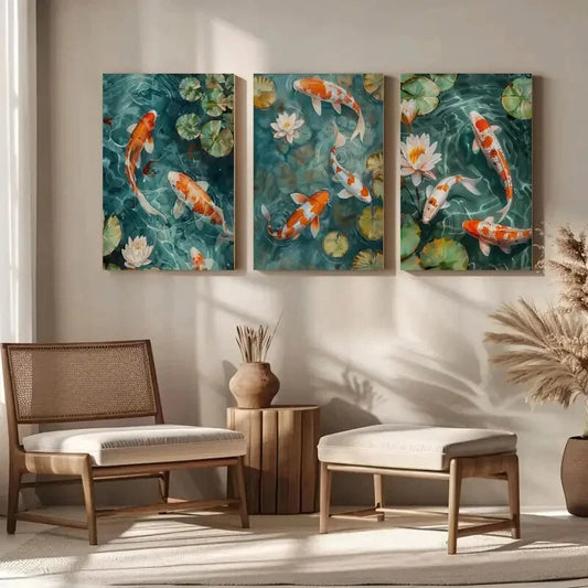 3pcs Vibrant Orange & Green Aquatic Theme Metal Print Ready to Hang Art