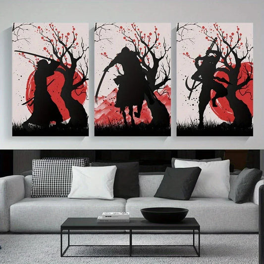 3pcs Samurai Cherry Blossom Warrior Metal Print Ready to Hang Art
