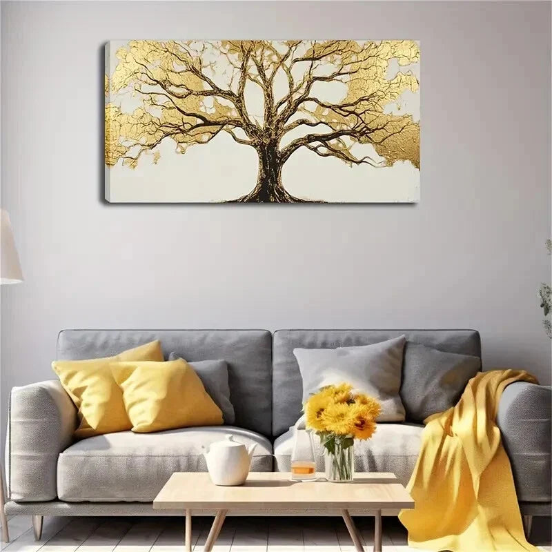 Golden Tree Detailed Branches Wall Art Canvas Office Home Room Framed 120x60cm