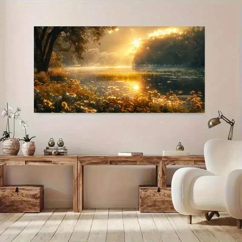 Sunrise Scene Golden Hues wall canvas office home room framed 120x60cm