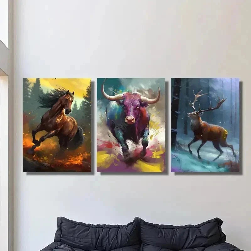 3pcs Horse Bull Deer Running in the Forest Wall Art Set Canvas Framed 40x60cm - High Quality Print 100% Australian Made Wall Canvas Ready to Hang