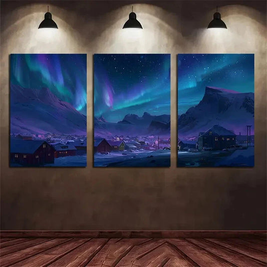 3pcs Northern Lights over Iceland town Metal Print Ready to Hang Art