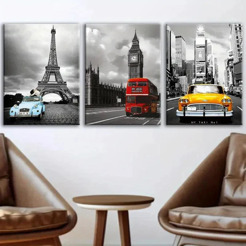 3pcs Eiffel Towers Big Ben & NYC Scenes Vintage Wall Art Set Canvas Framed 40x60cm - High Quality Print 100% Australian Made Wall Canvas Ready to Hang