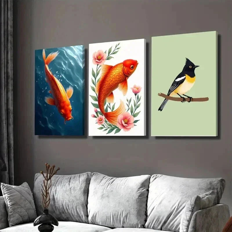 3pcs Fish Floral & Bird Vibrant Orange Koi Pink Wall Art Set Canvas Framed 40x60cm - High Quality Print 100% Australian Made Wall Canvas Ready to Hang