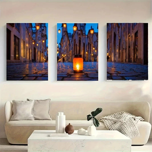 3pcs A Lantern on a Cobblestone Metal Print Ready to Hang Art
