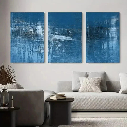 3pcs Modern Abstract Blue and Black Brushstroke Metal Print Ready to Hang Art