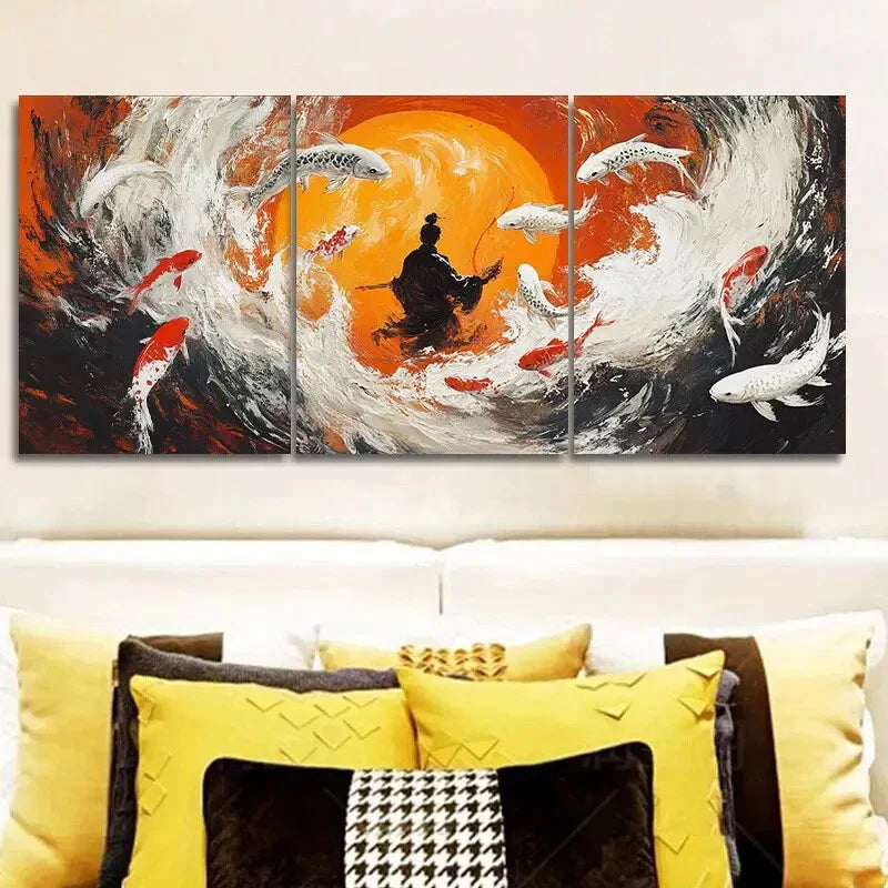 3pcs Fisherman, Koi Art Painting Metal Print Ready to Hang Art