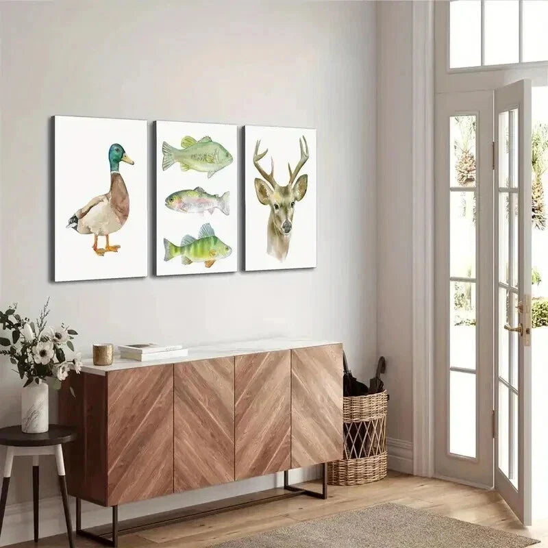 3pcs Watercolor Animal Duck Fish Deer Wall Art Set Canvas Framed 40x60cm - High Quality Print 100% Australian Made Wall Canvas Ready to Hang