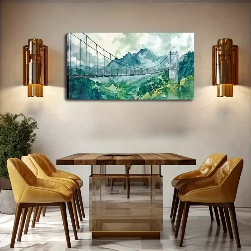Suspension Bridge Over Valley Wall Art Canvas Office Home Room Framed 120x60cm