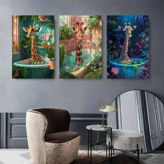 3pcs Giraffe in Bathtub Whimsical Giraffe Metal Print Ready to Hang Art