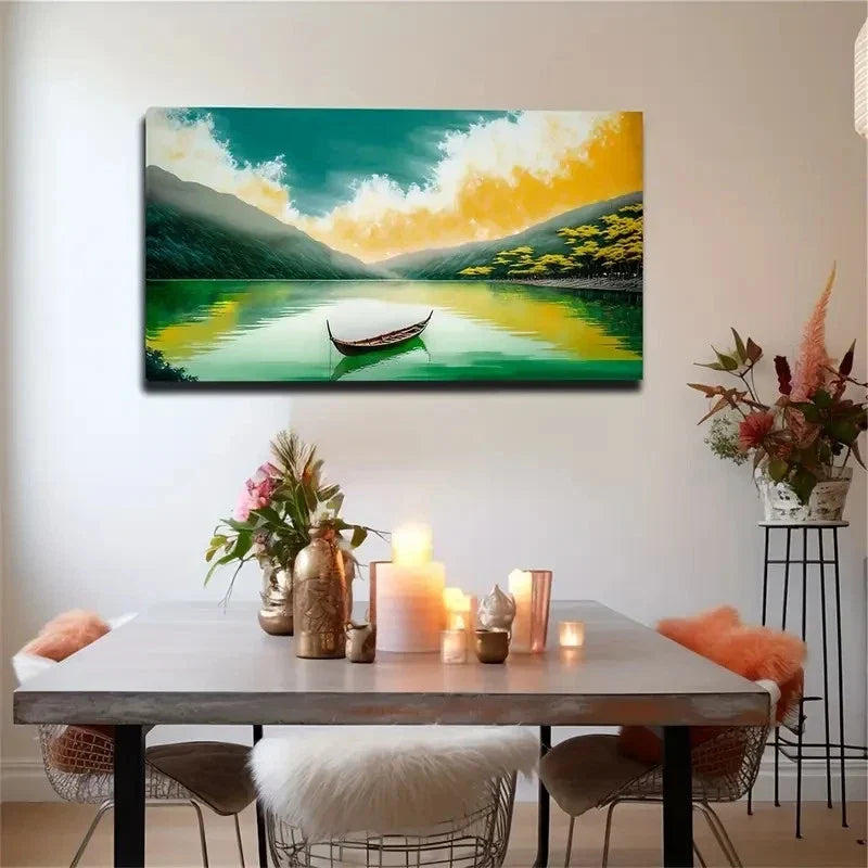 A Boat Alone Restrained Lake Wall Art Canvas Office Home Room Framed 120x60cm