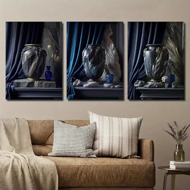 3pcs Tone Vase Art Blue Vase Plant Wall Art Set Canvas Framed 40x60cm - High Quality Print 100% Australian Made Wall Canvas Ready to Hang