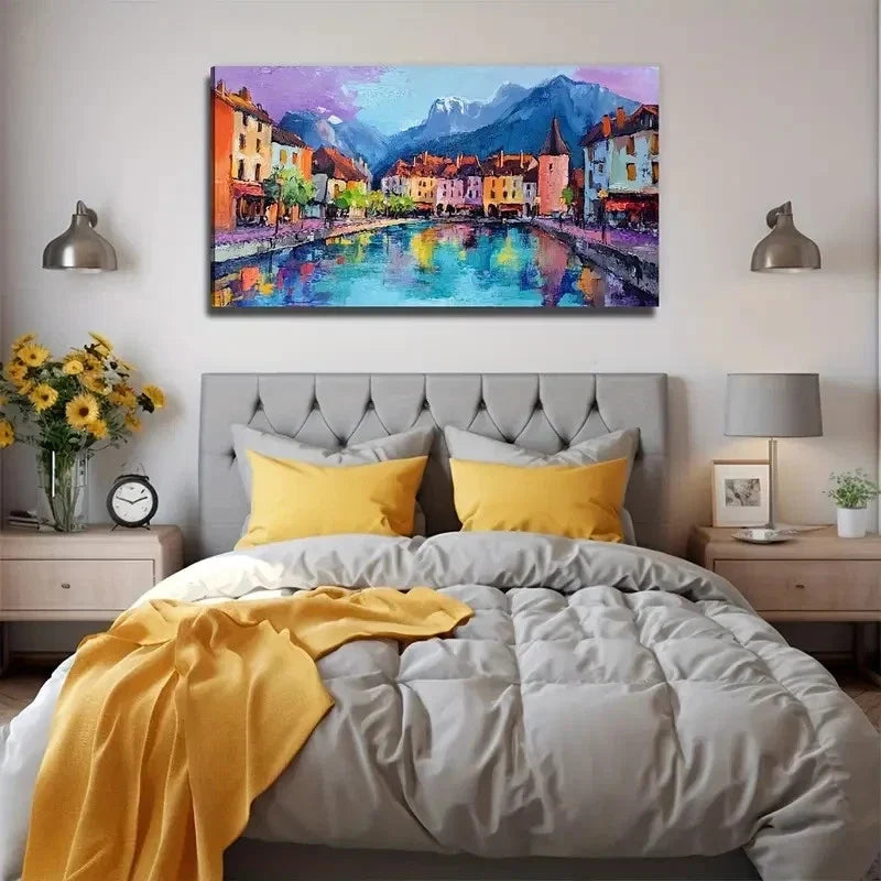Charming European Townscape Wall Art Canvas Office Home Room Framed 120x60cm