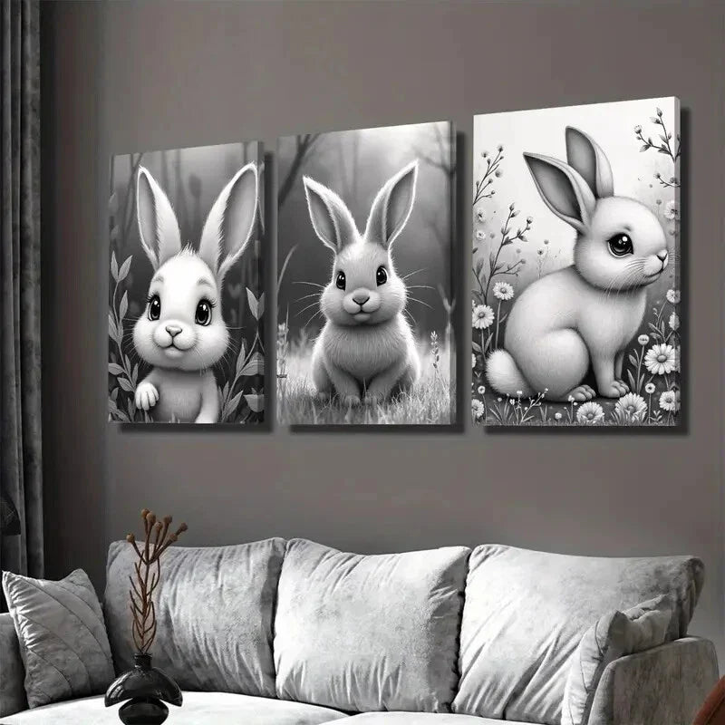 3pcs Adorable Bunny Black and White Rabbit Wall Art Set Canvas Framed 40x60cm - High Quality Print 100% Australian Made Wall Canvas Ready to Hang