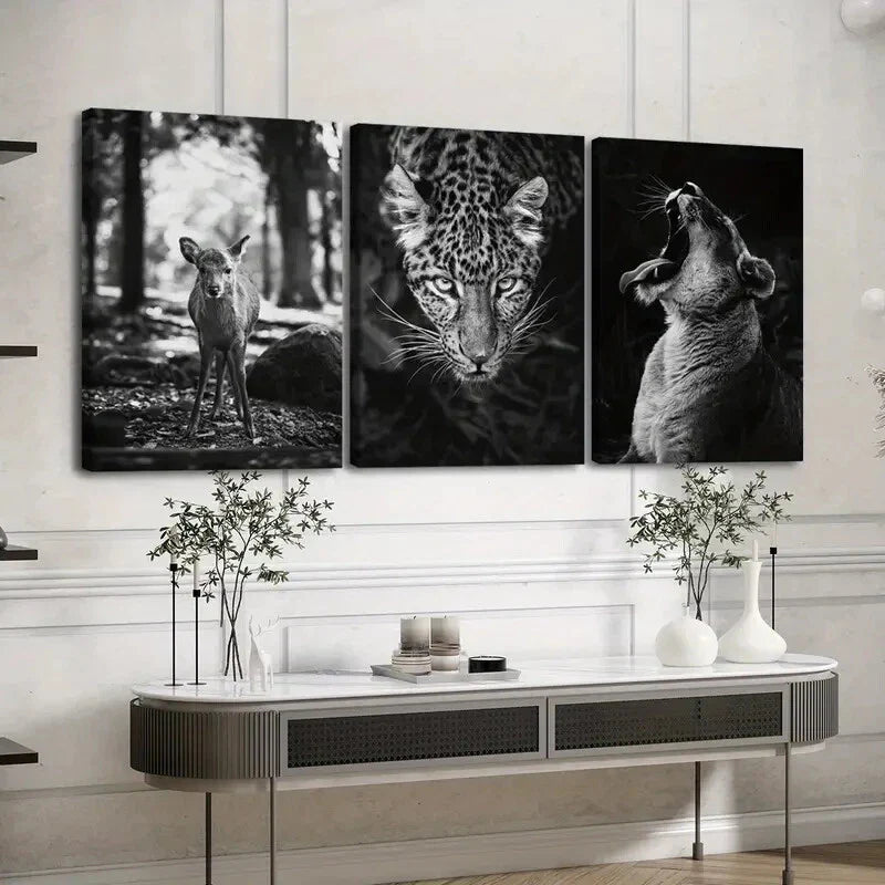 3pcs Vintage Black & White Animals Deer Leopard Wall Art Set Canvas Framed 40x60cm - High Quality Print 100% Australian Made Wall Canvas Ready to Hang
