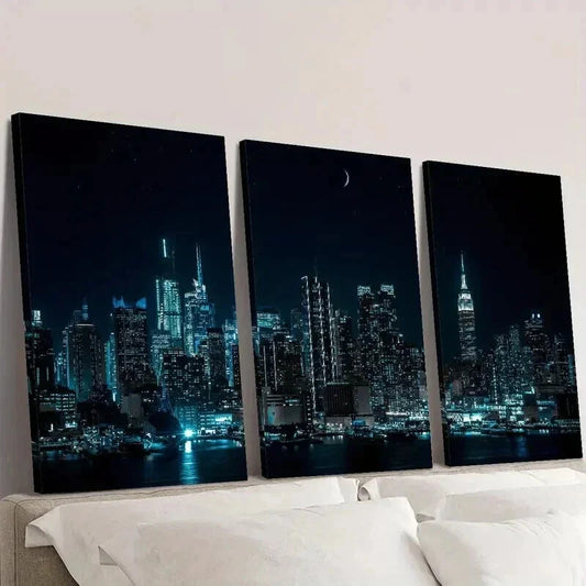 3pcs Night Moon Cityscape Skyscrapers Wall Art Set Canvas Framed 40x60cm - High Quality Print 100% Australian Made Wall Canvas Ready to Hang