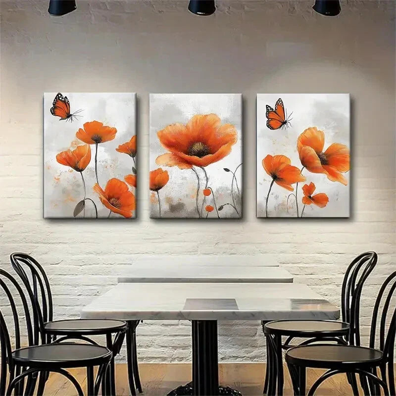3pcs Vibrant Orange Poppy and Butterfly Perfect Wall Art Set Canvas Framed 40x60cm - High Quality Print 100% Australian Made Wall Canvas Ready to Hang