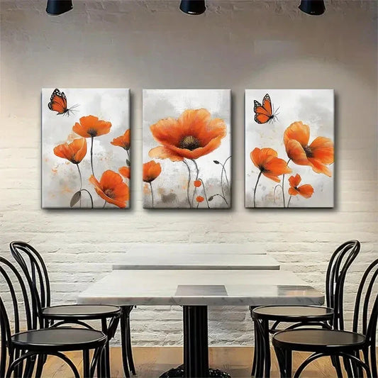 3pcs Vibrant Orange Poppy and Butterfly Perfect Wall Art Set Canvas Framed 40x60cm - High Quality Print 100% Australian Made Wall Canvas Ready to Hang