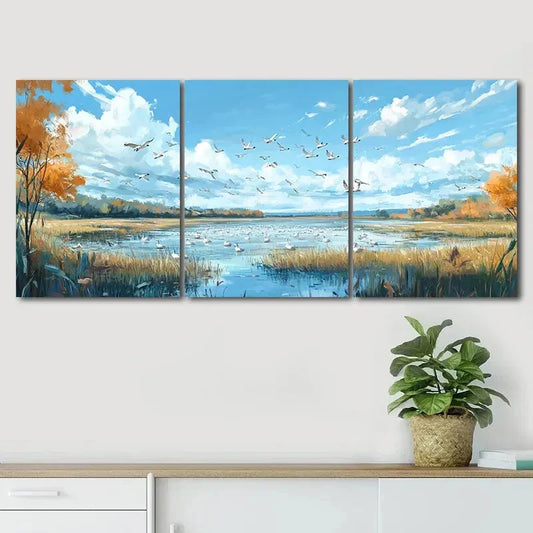 3pcs Peaceful Nature Lake Birds Fly Perfect Wall Art Set Canvas Framed 40x60cm - High Quality Print 100% Australian Made Wall Canvas Ready to Hang